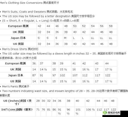 日本尺码欧美尺码对照表